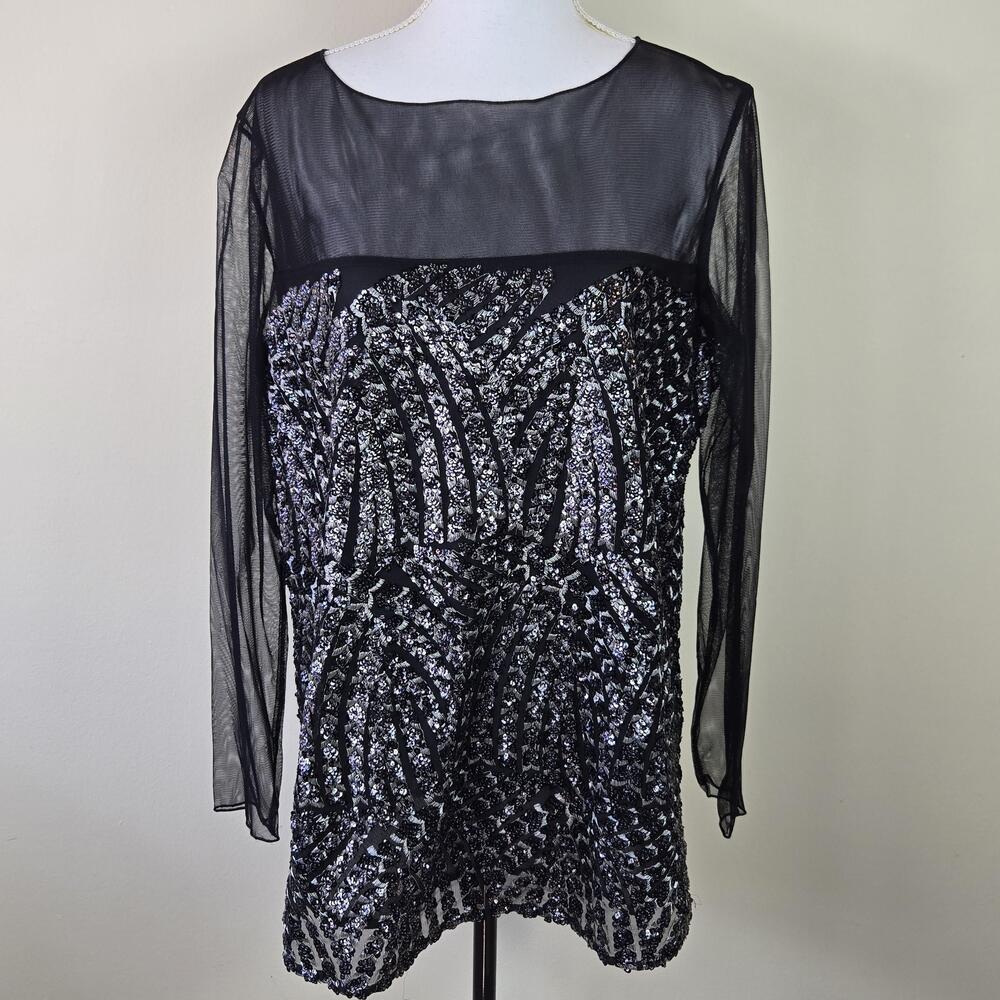 Marina Rinaldi Top Womens Medium Black Sequin Mesh Sheer Long Sleeve Cocktail